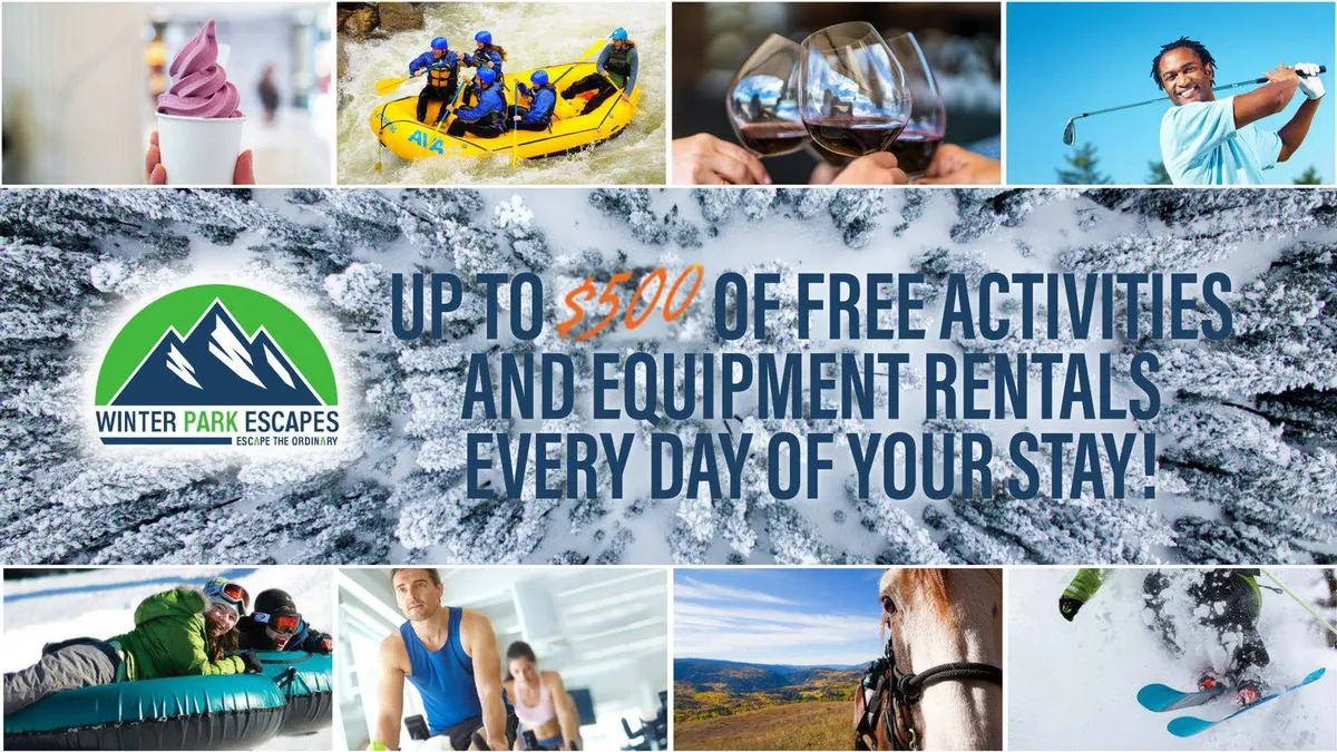 Families are shown engaging in a variety of exciting outdoor activities—skiing, snowboarding, rafting, horseback riding—with a backdrop of natural beauty and culinary experiences, conveying the thrill and adventure of resort life.