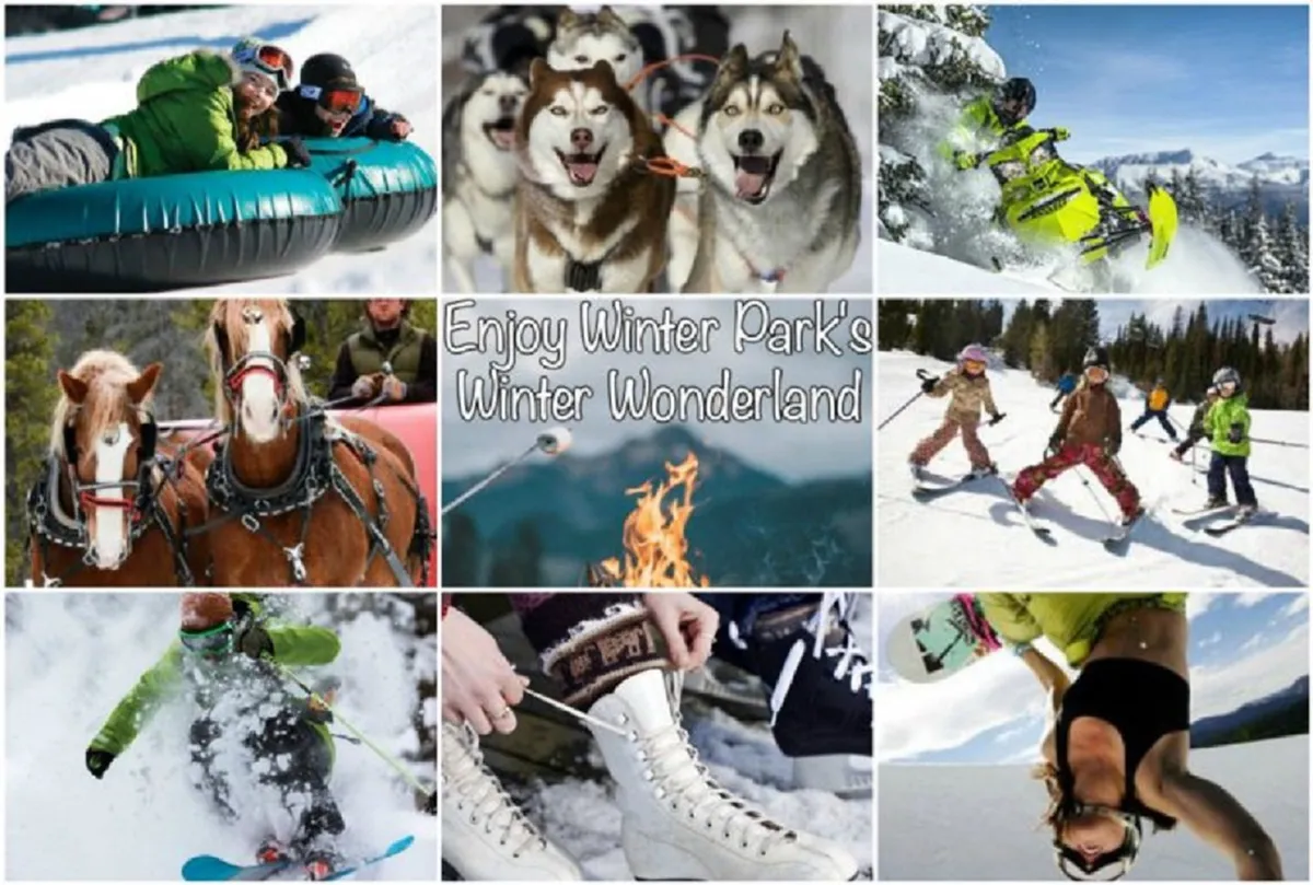 A winter wonderland scene featuring people tubing down snowy hills, huskies for dog sledding, snowmobiles, a horse-drawn sleigh, children learning to ski, a cozy fire pit gathering, and an ice skater gliding across a rink. The image is lively and festive, filled with action and laughter.