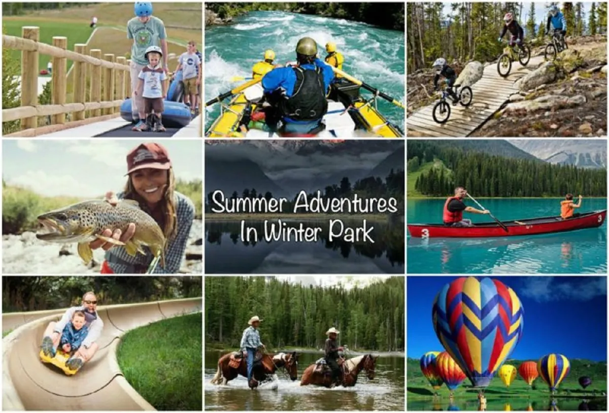 This vibrant image captures children tubing, rafters navigating white-water, mountain bikers on forest trails, anglers fishing, and groups horseback riding through open meadows. Hot air balloons float above, set against a backdrop of mountains and blue sky, representing a spectrum of seasonal outdoor activities.